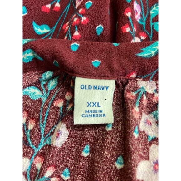 Old Navy Blouse XXL Burgundy Floral Long Sleeve Elastic Cottagecore Lagenlook - Picture 3 of 7